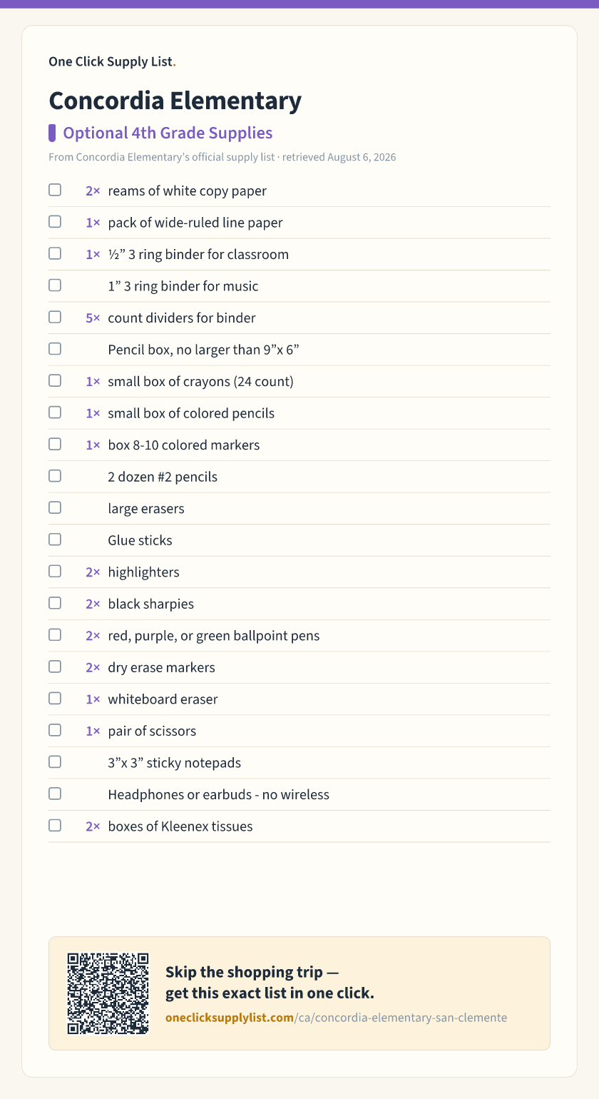 Concordia Elementary Optional 4th Grade Supplies supply list — printable image
