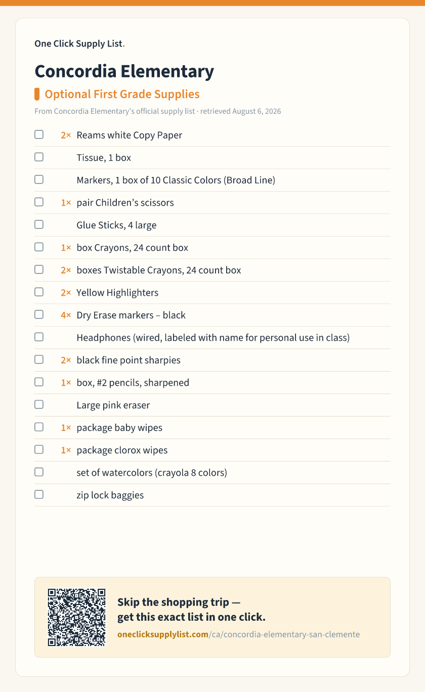 Concordia Elementary Optional First Grade Supplies supply list — printable image