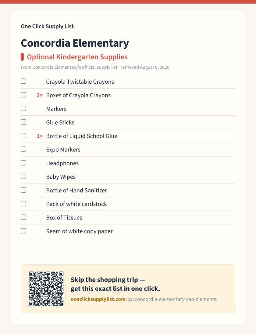 Concordia Elementary Optional Kindergarten Supplies supply list — printable image