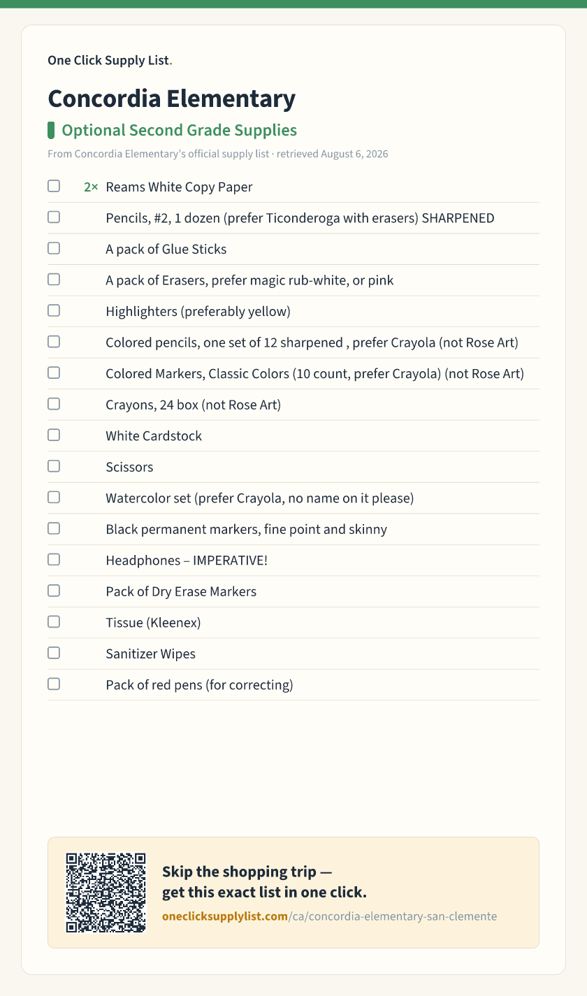Concordia Elementary Optional Second Grade Supplies supply list — printable image