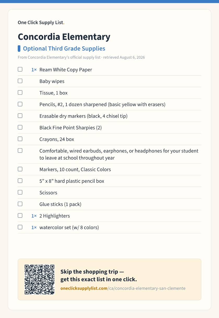 Concordia Elementary Optional Third Grade Supplies supply list — printable image