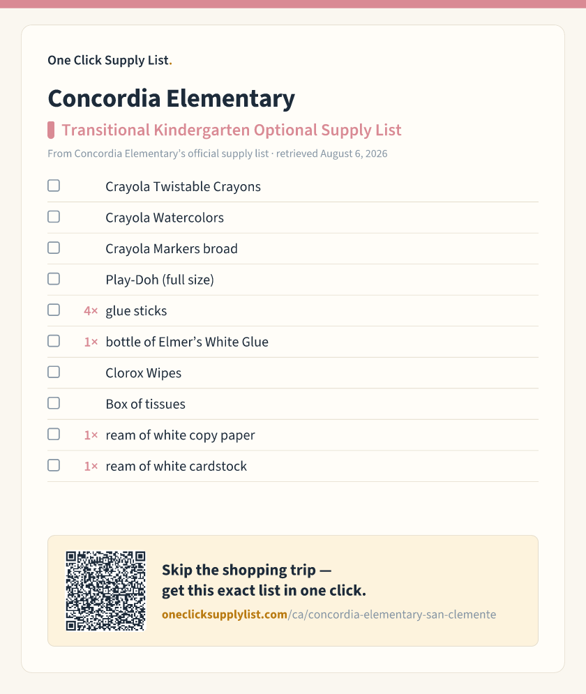 Concordia Elementary Transitional Kindergarten Optional Supply List supply list — printable image