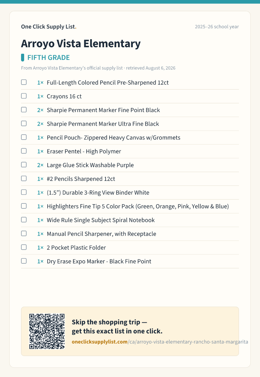 Arroyo Vista Elementary FIFTH GRADE supply list — printable image