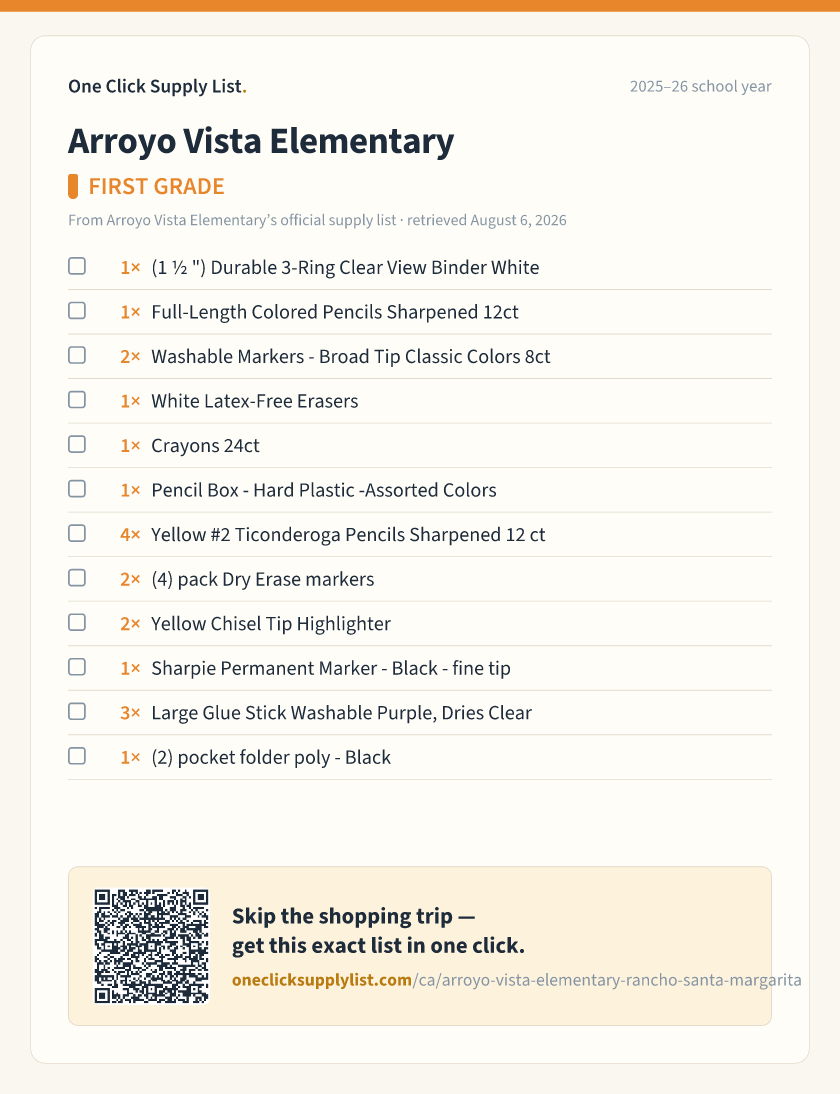 Arroyo Vista Elementary FIRST GRADE supply list — printable image