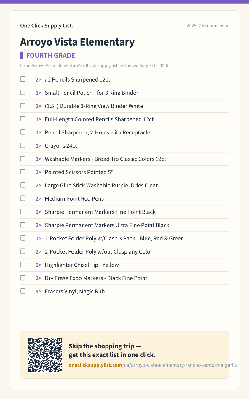 Arroyo Vista Elementary FOURTH GRADE supply list — printable image