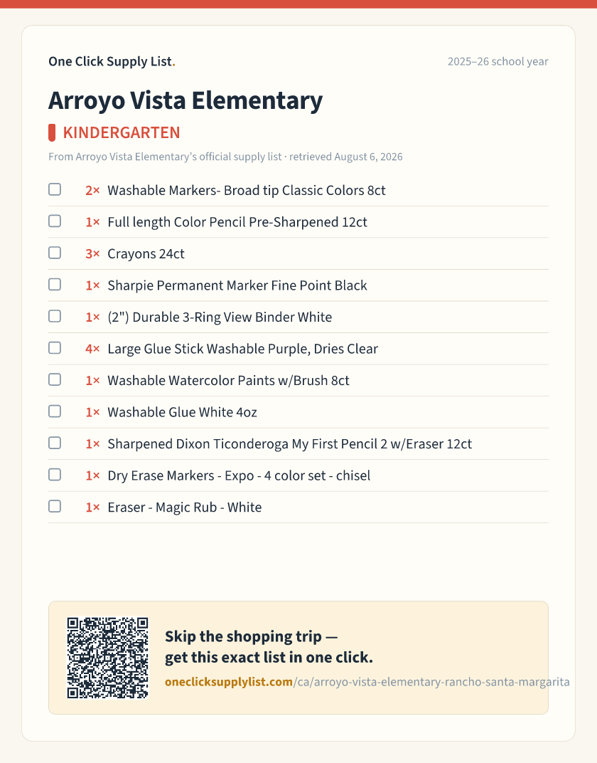 Arroyo Vista Elementary KINDERGARTEN supply list — printable image