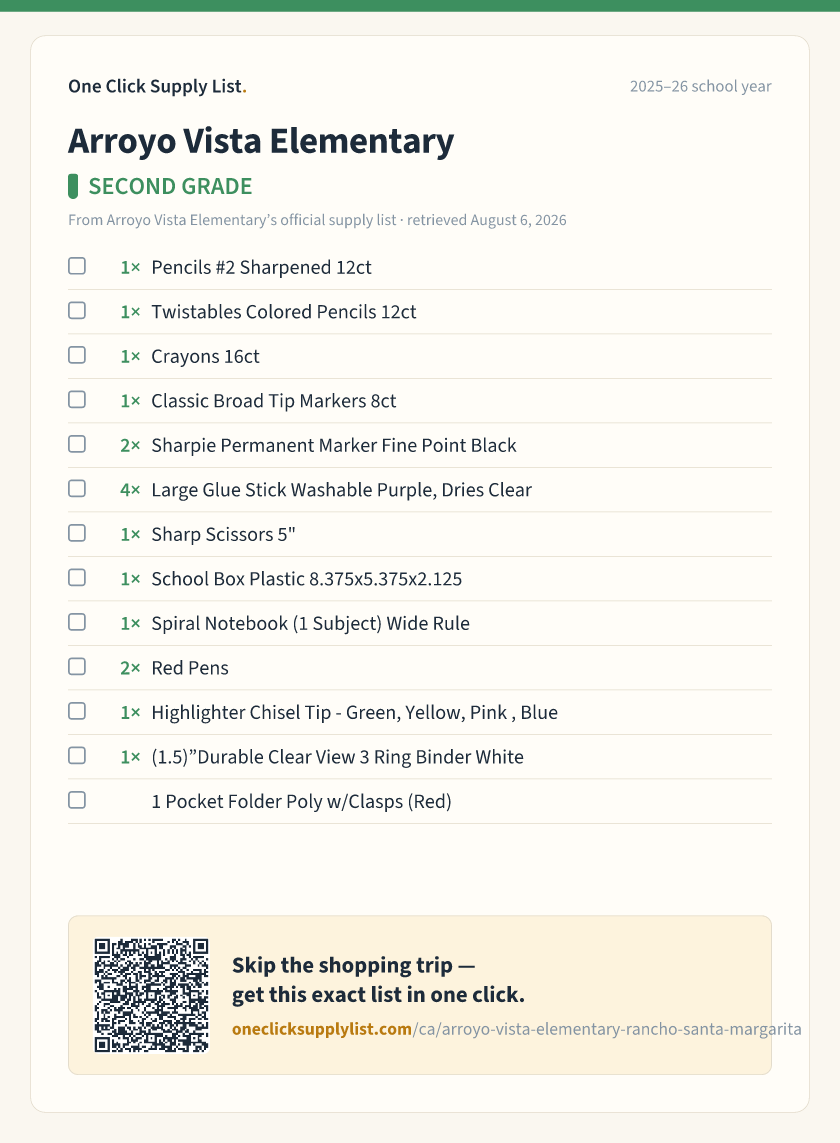 Arroyo Vista Elementary SECOND GRADE supply list — printable image