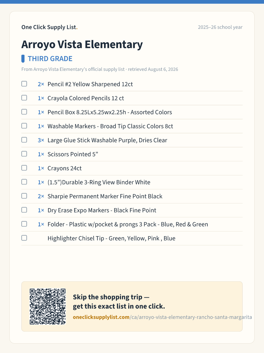 Arroyo Vista Elementary THIRD GRADE supply list — printable image