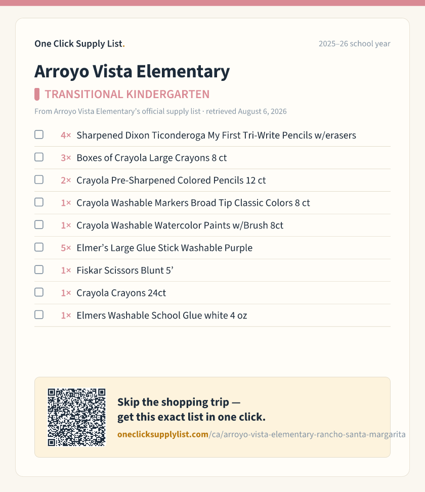 Arroyo Vista Elementary TRANSITIONAL KINDERGARTEN supply list — printable image