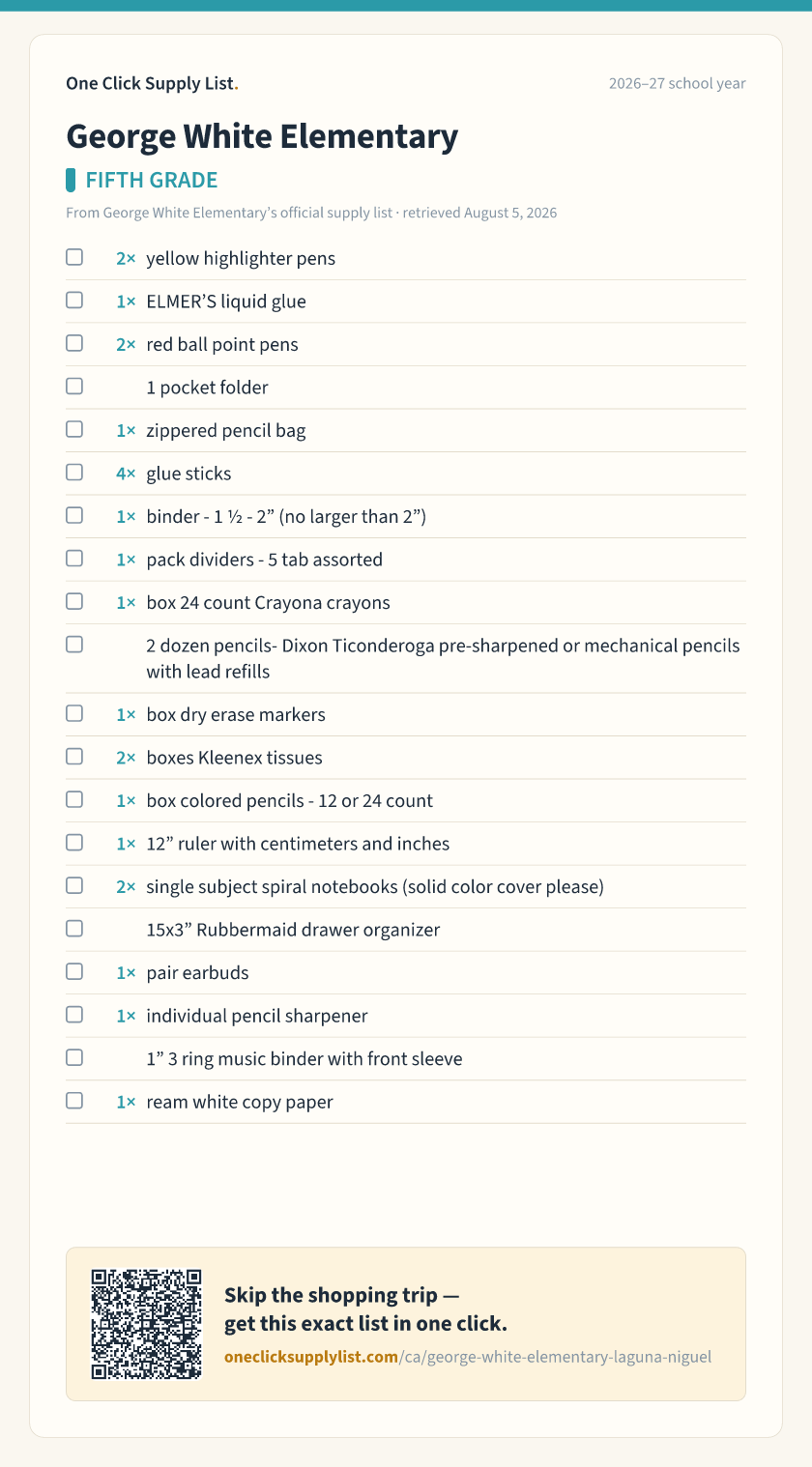 George White Elementary FIFTH GRADE supply list — printable image