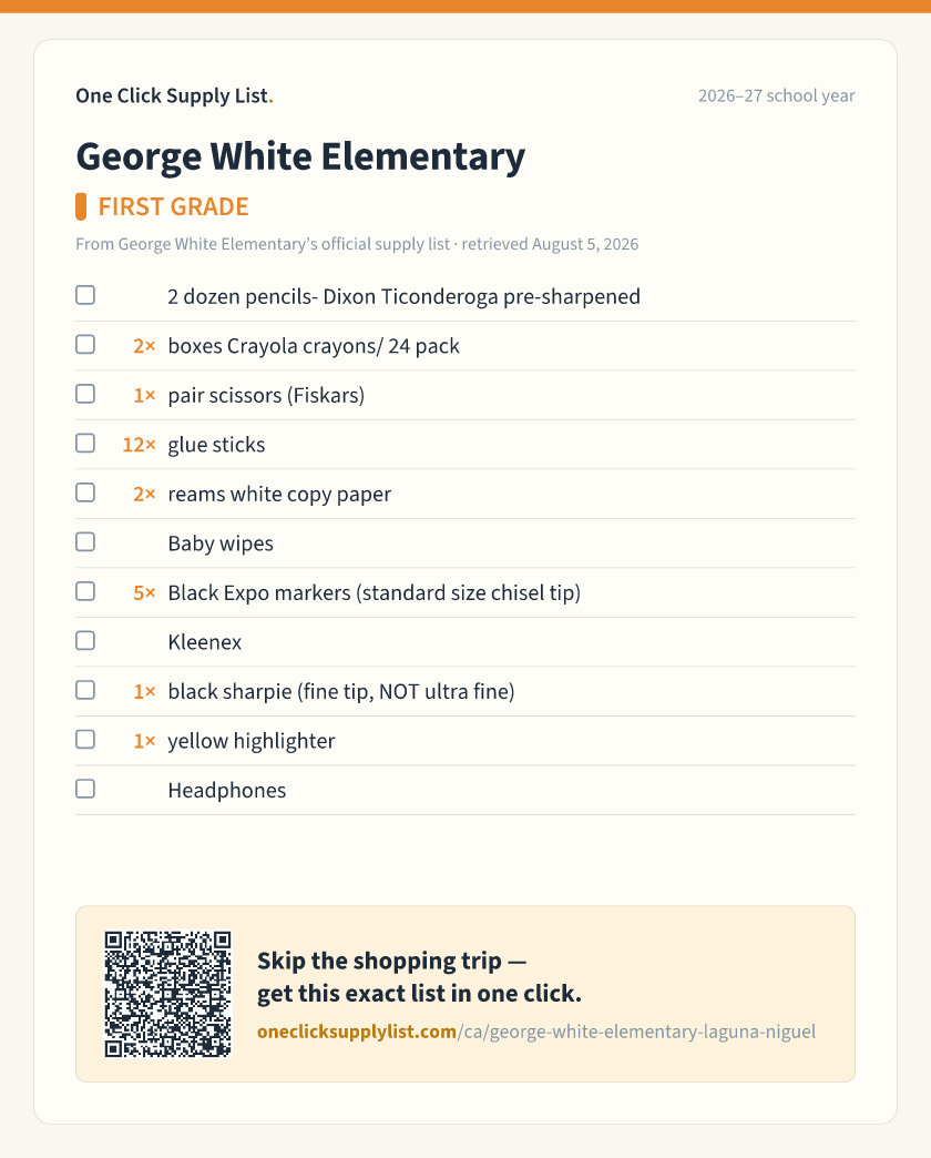 George White Elementary FIRST GRADE supply list — printable image