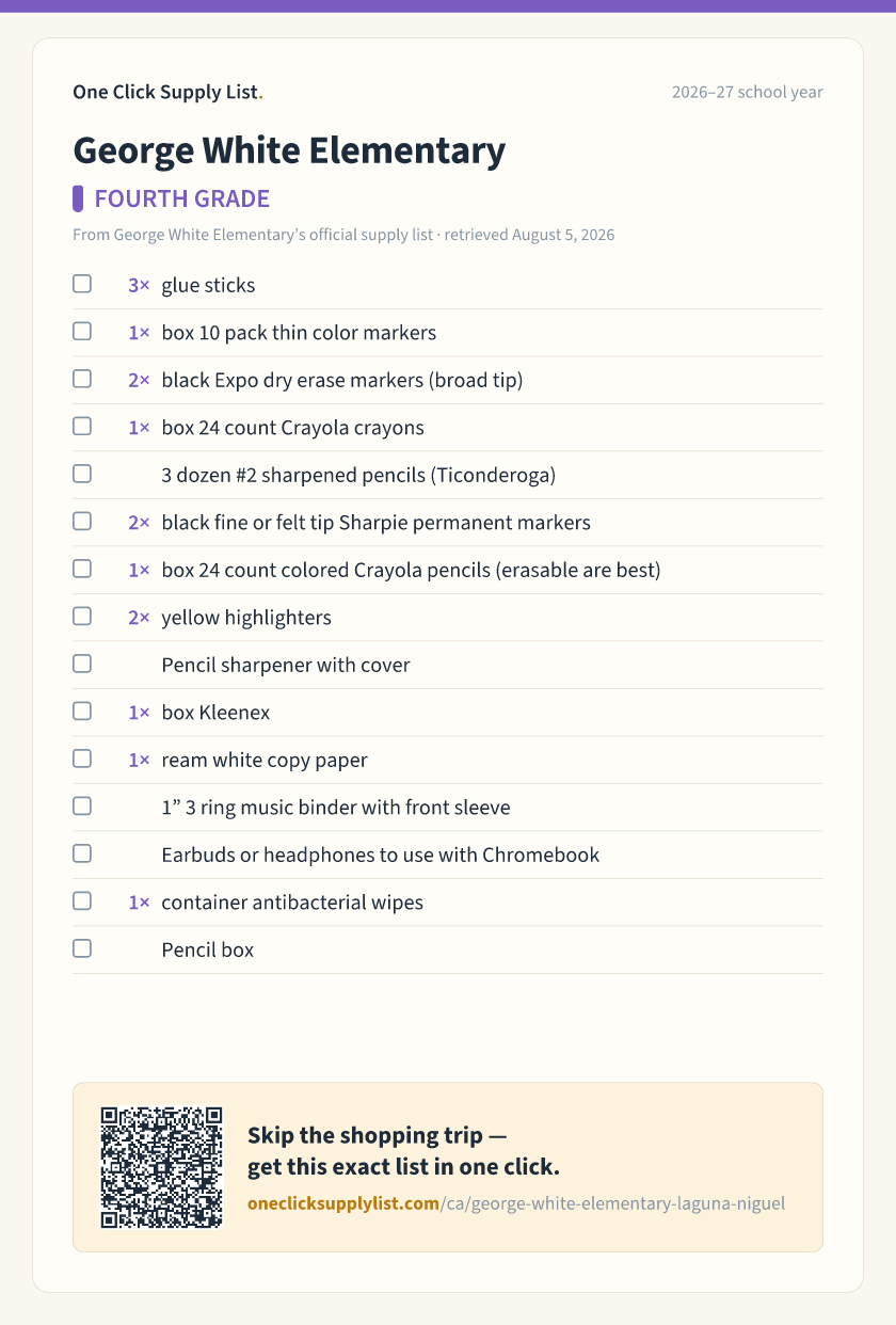 George White Elementary FOURTH GRADE supply list — printable image