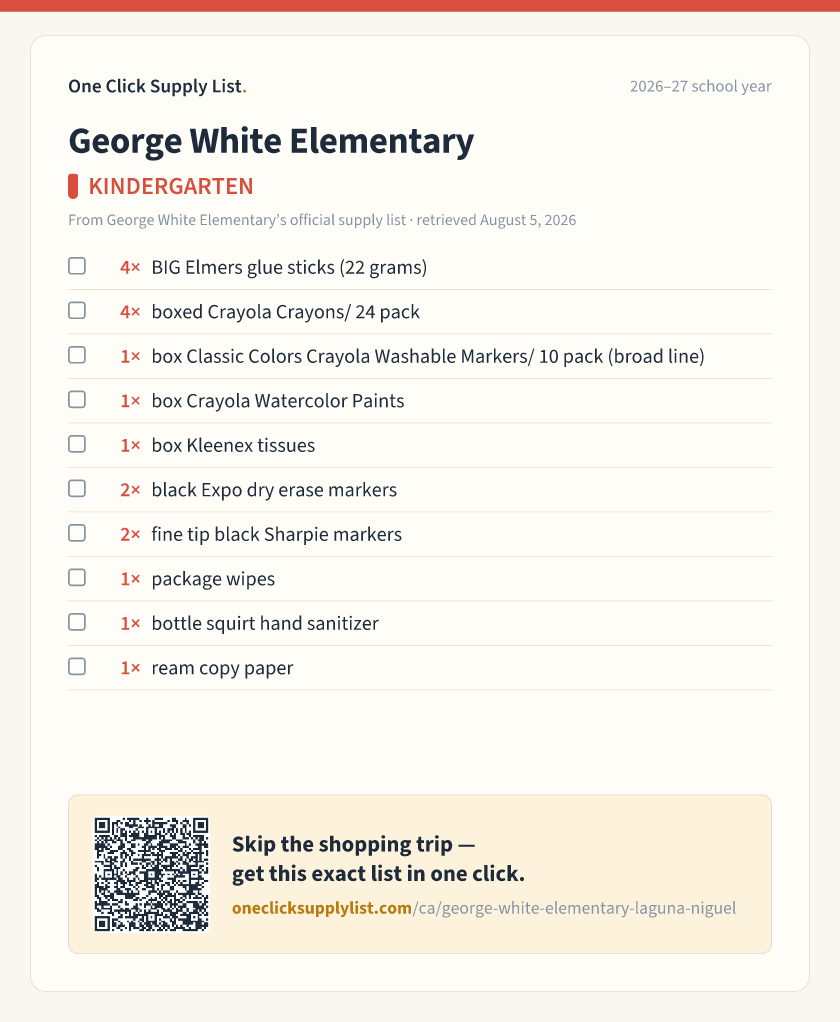 George White Elementary KINDERGARTEN supply list — printable image