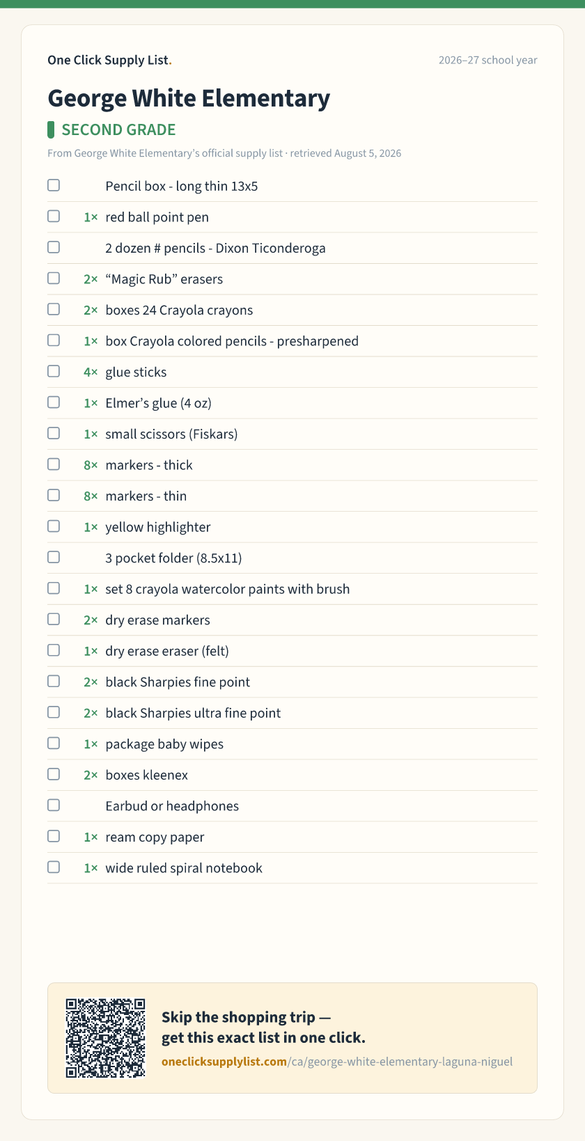 George White Elementary SECOND GRADE supply list — printable image