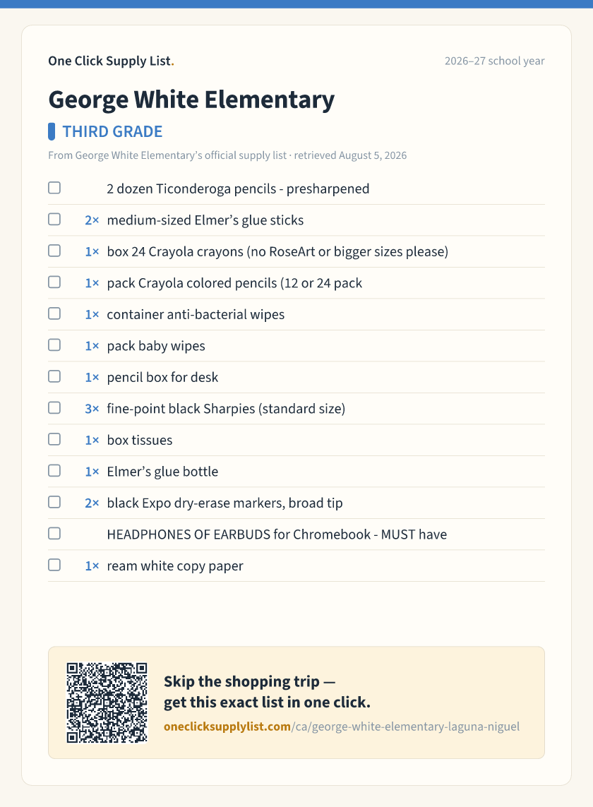 George White Elementary THIRD GRADE supply list — printable image