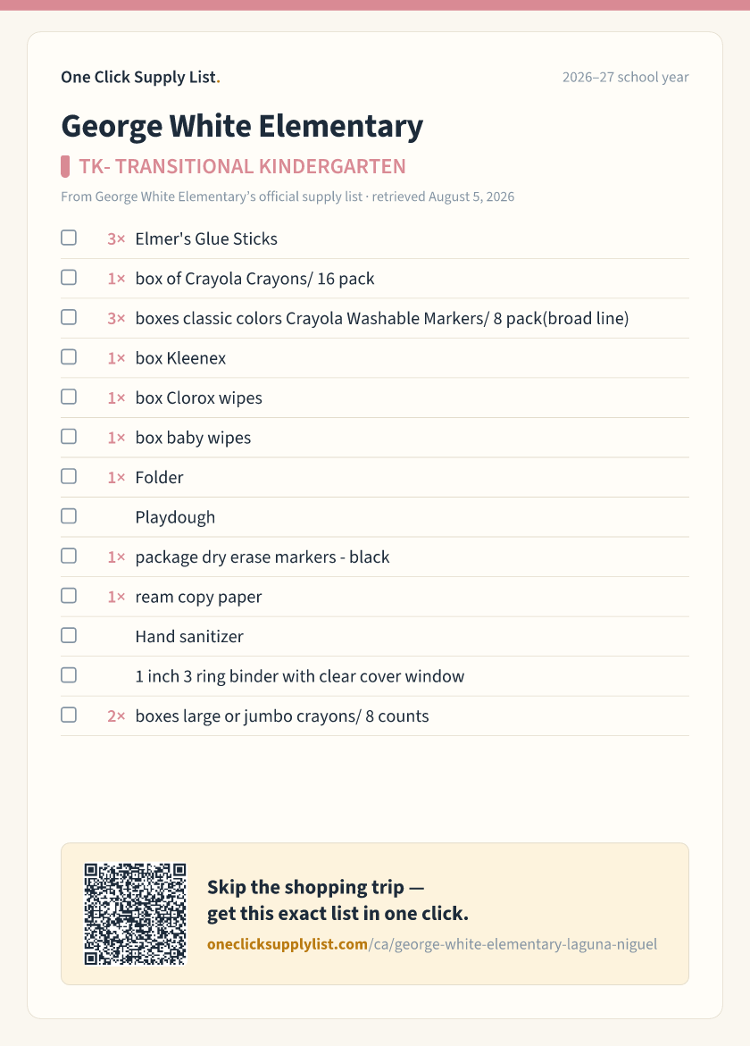 George White Elementary TK- TRANSITIONAL KINDERGARTEN supply list — printable image