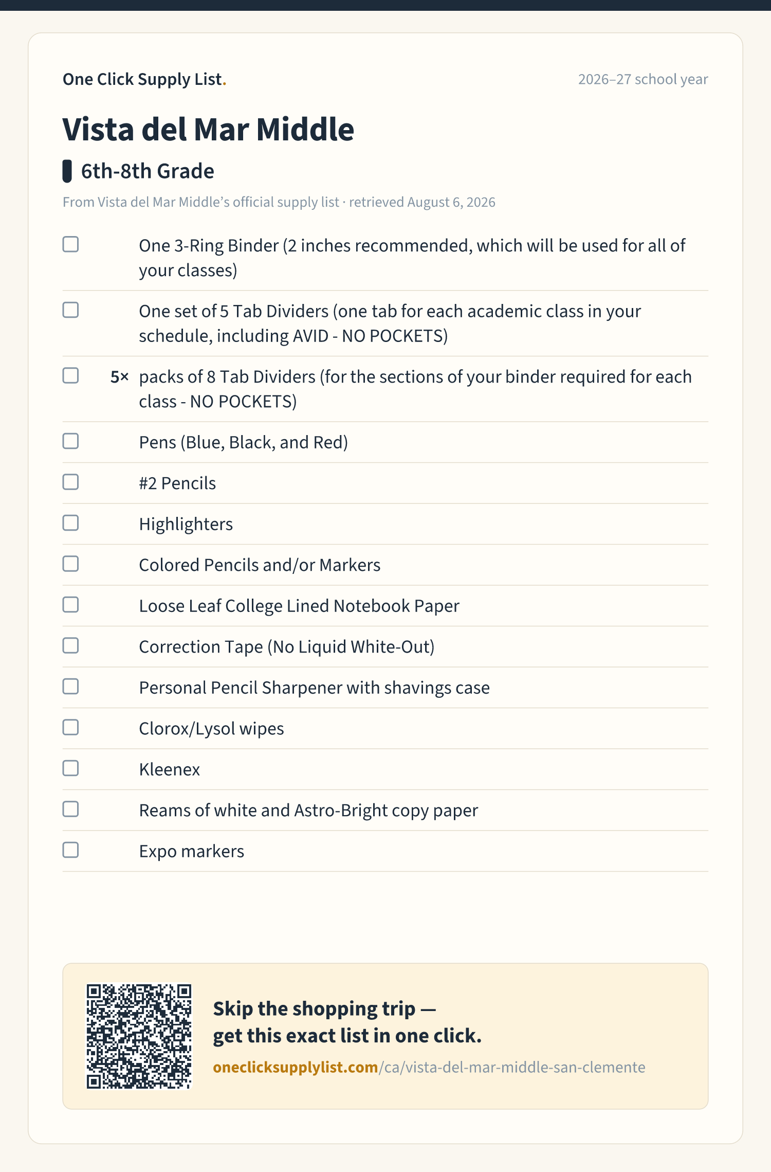 Vista del Mar Middle 6th-8th Grade supply list — printable image