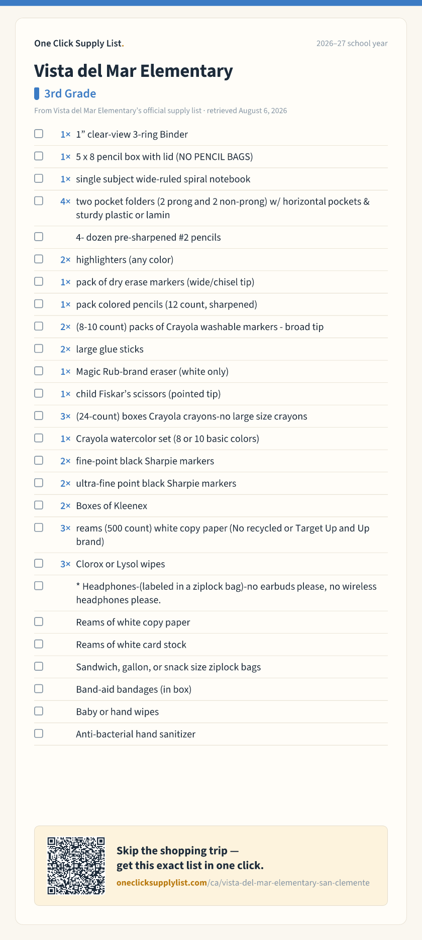 Vista del Mar Elementary 3rd Grade supply list — printable image