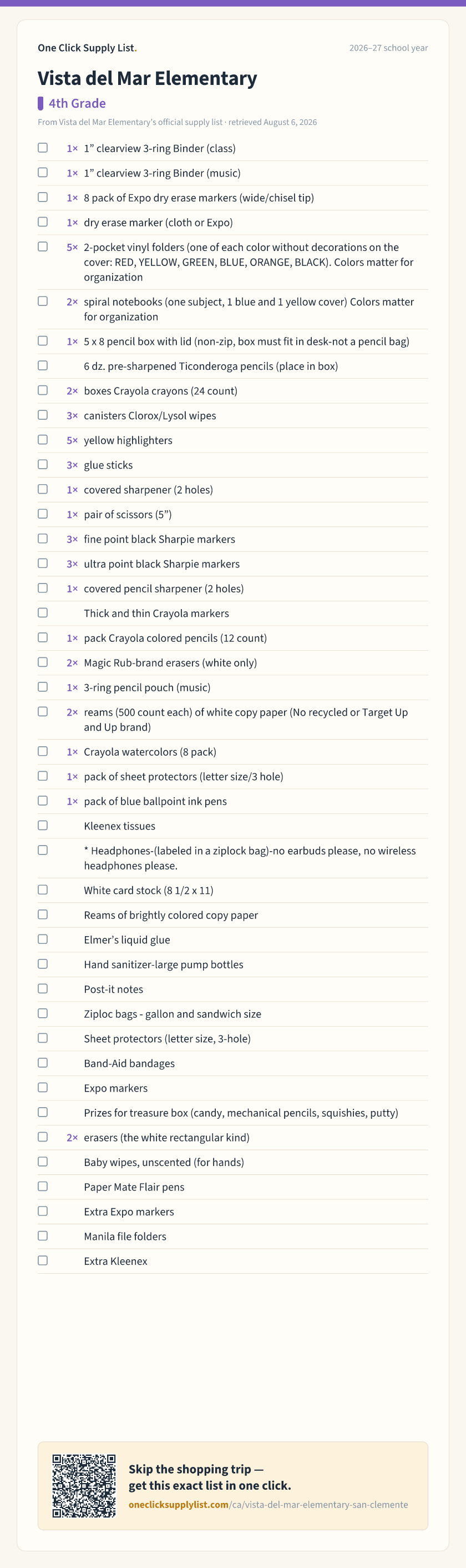 Vista del Mar Elementary 4th Grade supply list — printable image