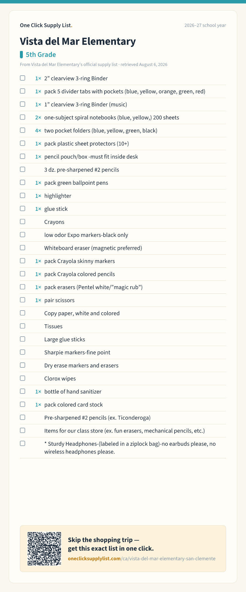 Vista del Mar Elementary 5th Grade supply list — printable image