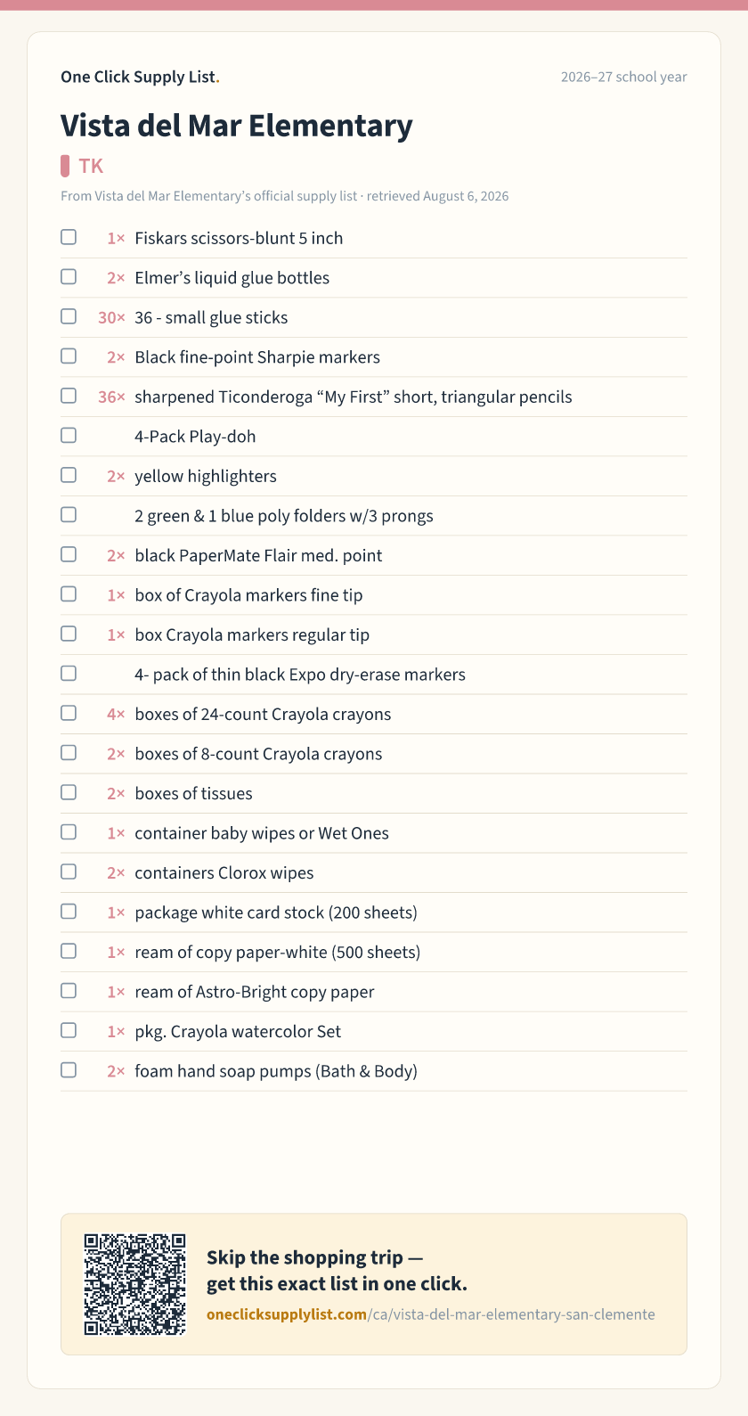 Vista del Mar Elementary TK supply list — printable image