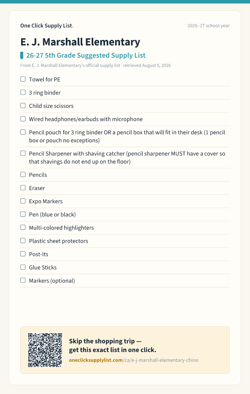 E. J. Marshall Elementary 26-27 5th Grade Suggested Supply List supply list — printable image