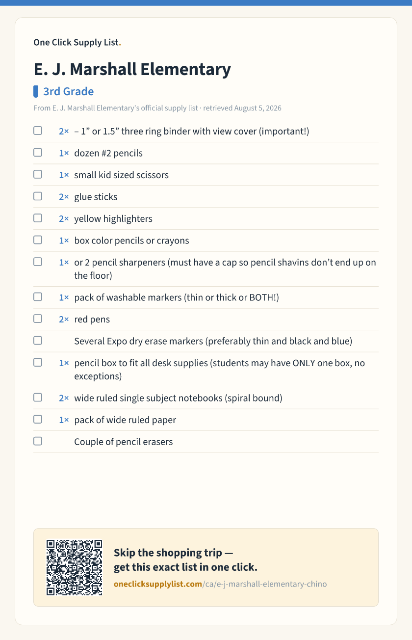 E. J. Marshall Elementary 3rd Grade supply list — printable image
