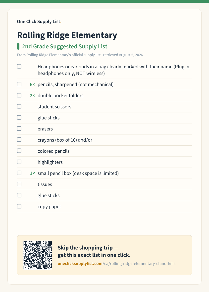 Rolling Ridge Elementary 2nd Grade Suggested Supply List supply list — printable image