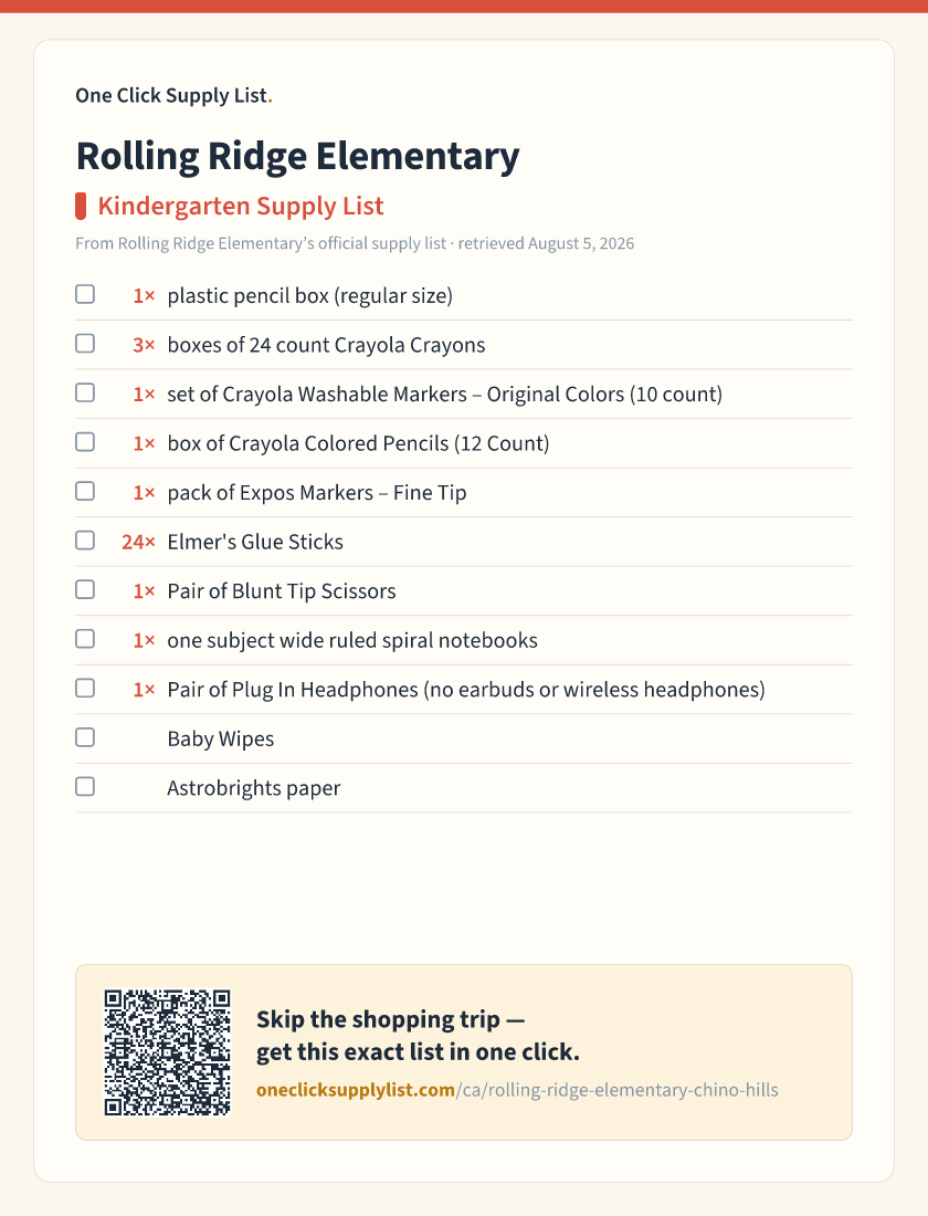 Rolling Ridge Elementary Kindergarten Supply List supply list — printable image