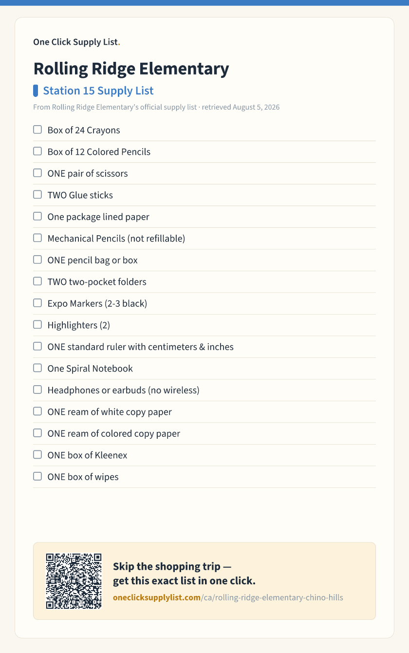 Rolling Ridge Elementary Station 15 Supply List supply list — printable image