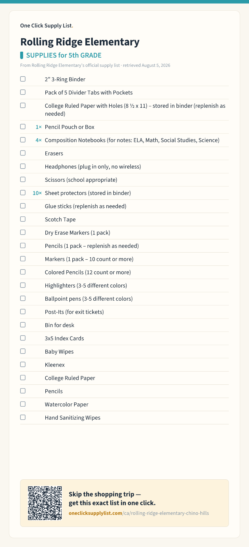 Rolling Ridge Elementary SUPPLIES for 5th GRADE supply list — printable image
