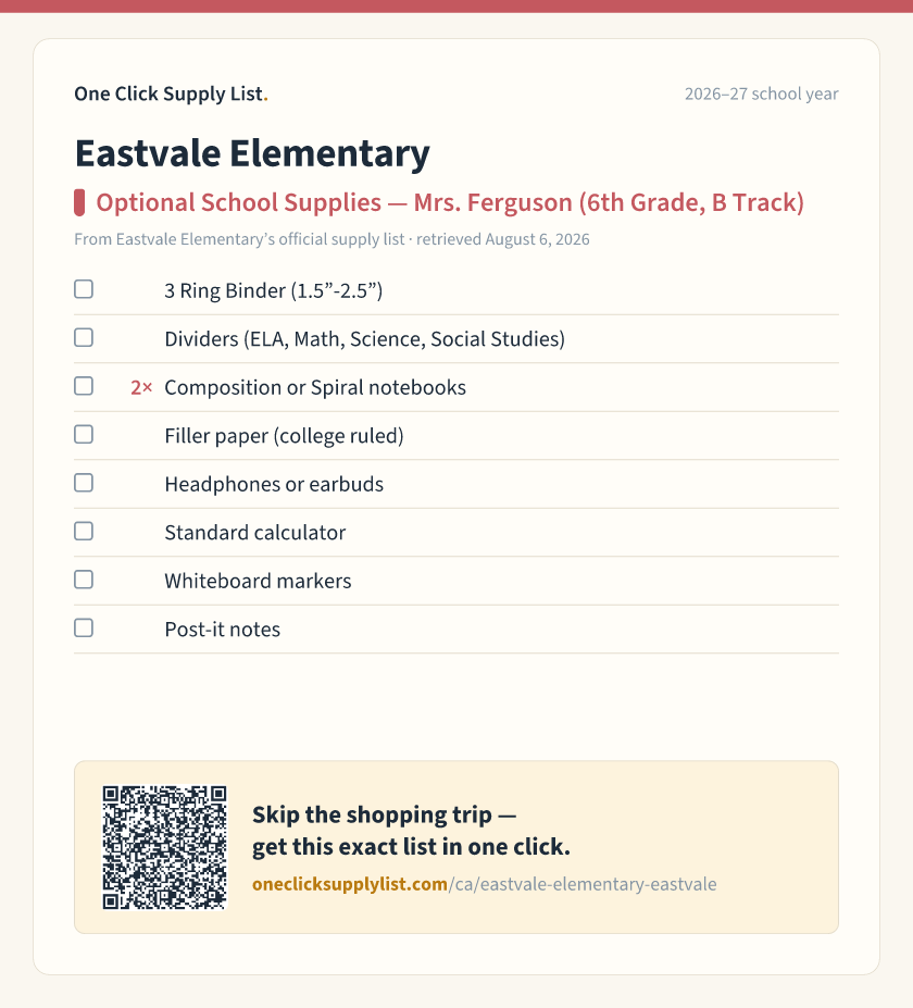 Eastvale Elementary Optional School Supplies — Mrs. Ferguson (6th Grade, B Track) supply list — printable image