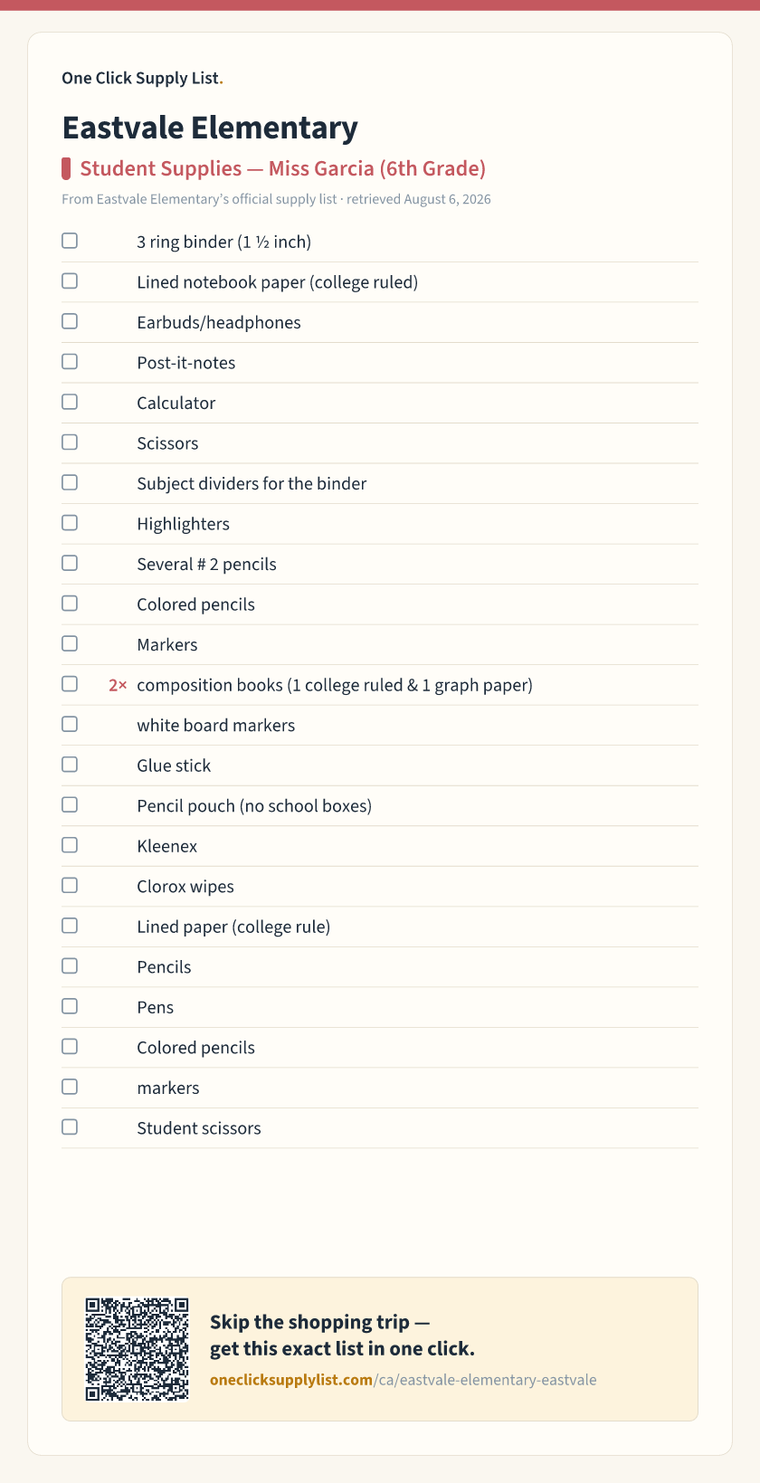 Eastvale Elementary Student Supplies — Miss Garcia (6th Grade) supply list — printable image