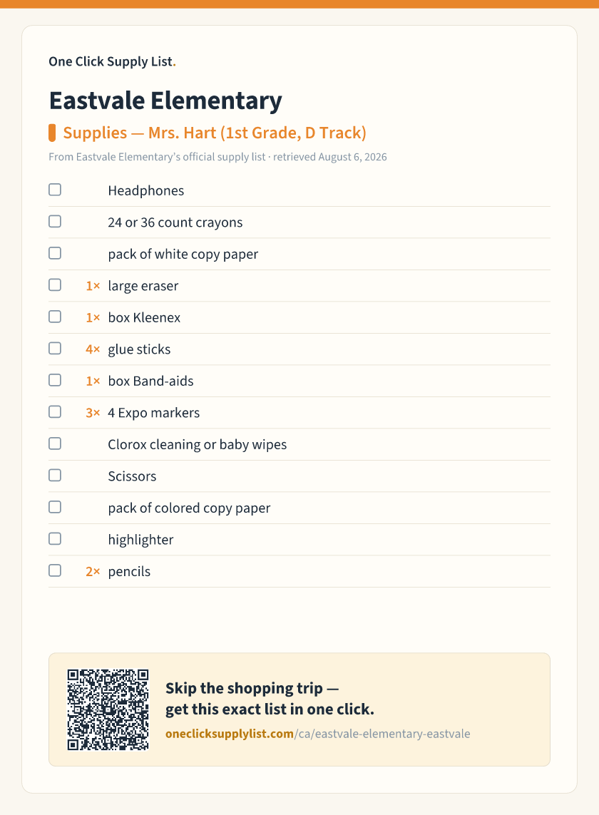 Eastvale Elementary Supplies — Mrs. Hart (1st Grade, D Track) supply list — printable image