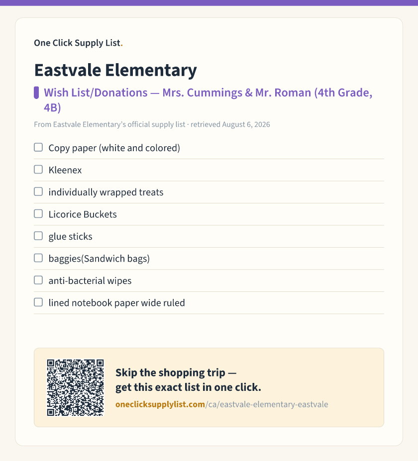 Eastvale Elementary Wish List/Donations — Mrs. Cummings & Mr. Roman (4th Grade, 4B) supply list — printable image