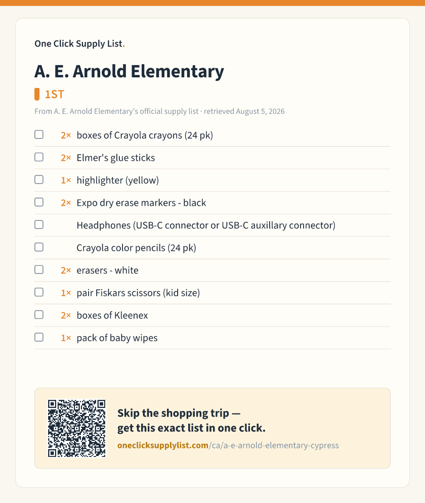 A. E. Arnold Elementary 1ST supply list — printable image
