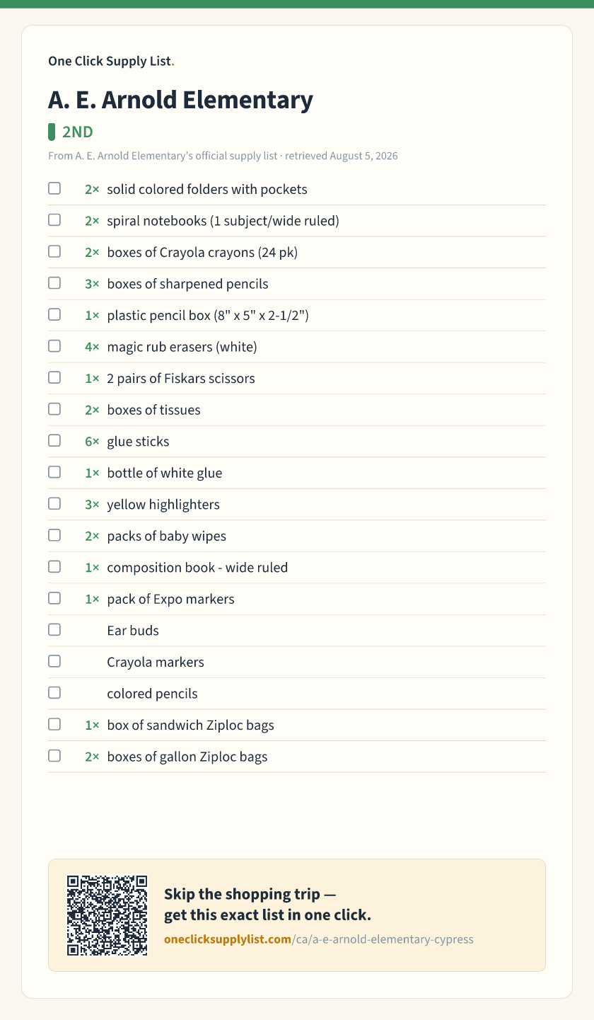 A. E. Arnold Elementary 2ND supply list — printable image