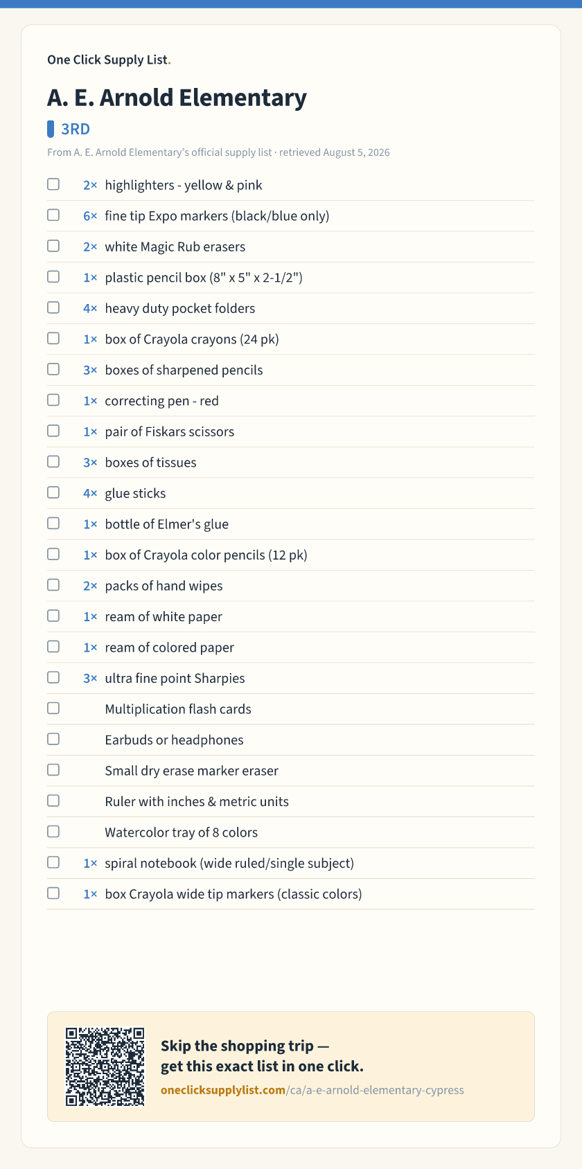 A. E. Arnold Elementary 3RD supply list — printable image