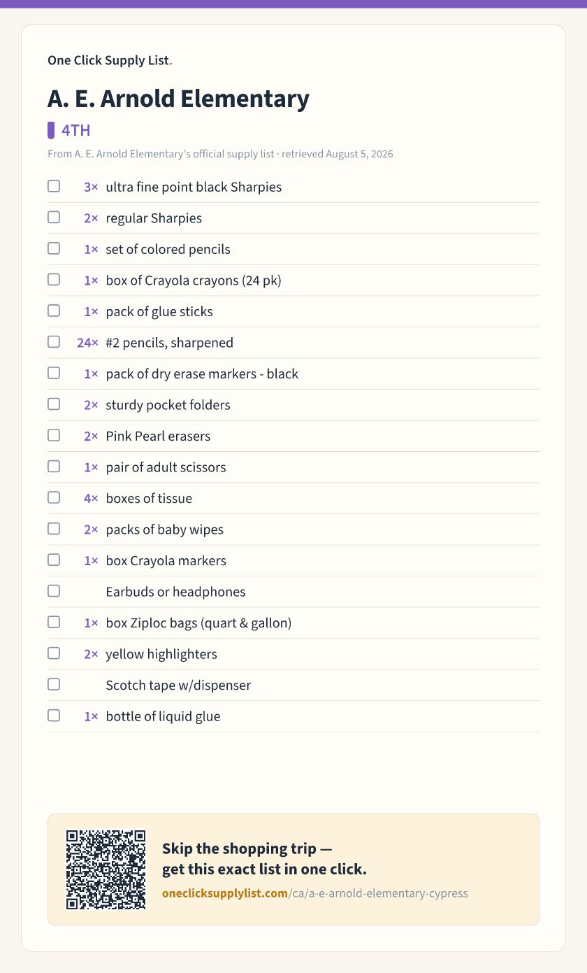 A. E. Arnold Elementary 4TH supply list — printable image