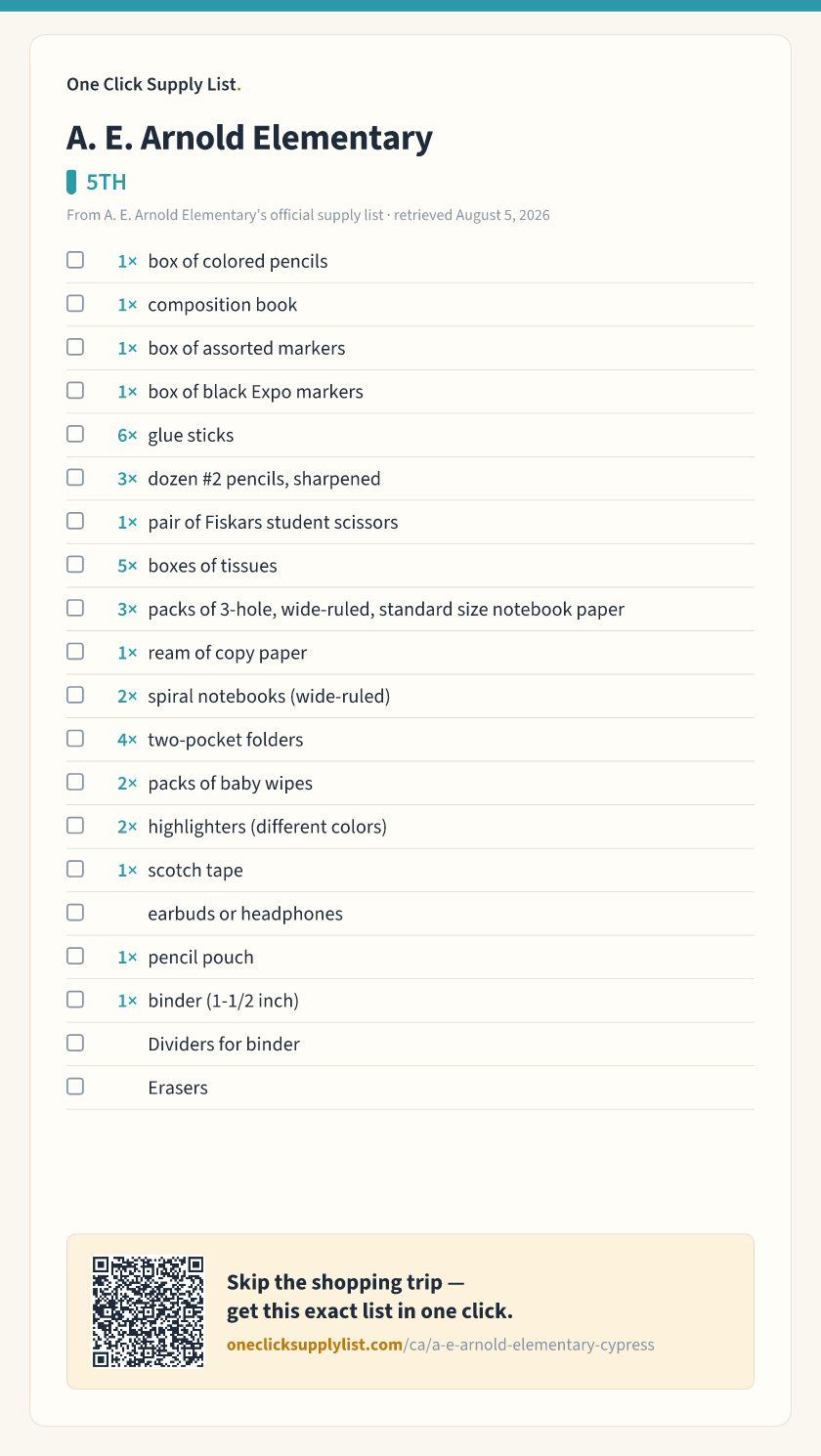 A. E. Arnold Elementary 5TH supply list — printable image