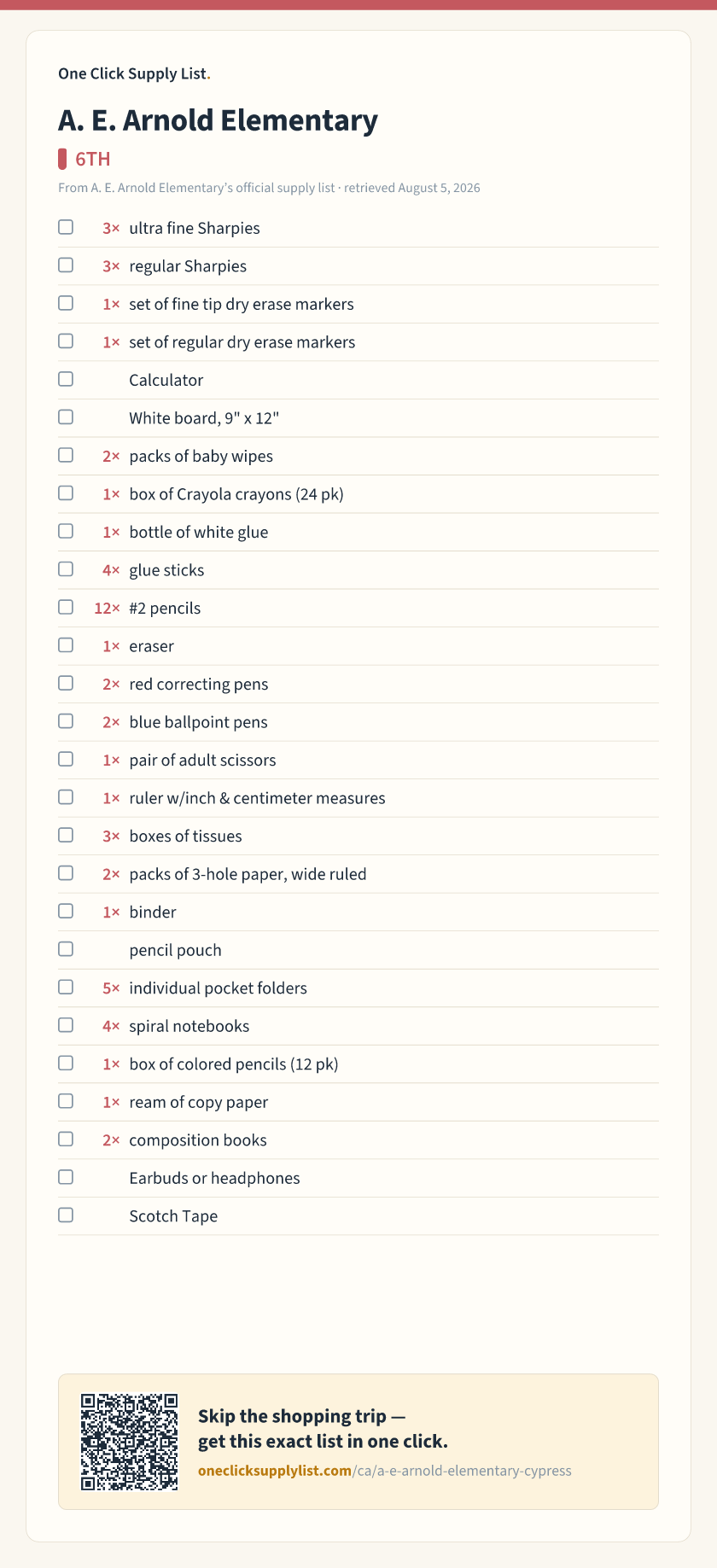 A. E. Arnold Elementary 6TH supply list — printable image
