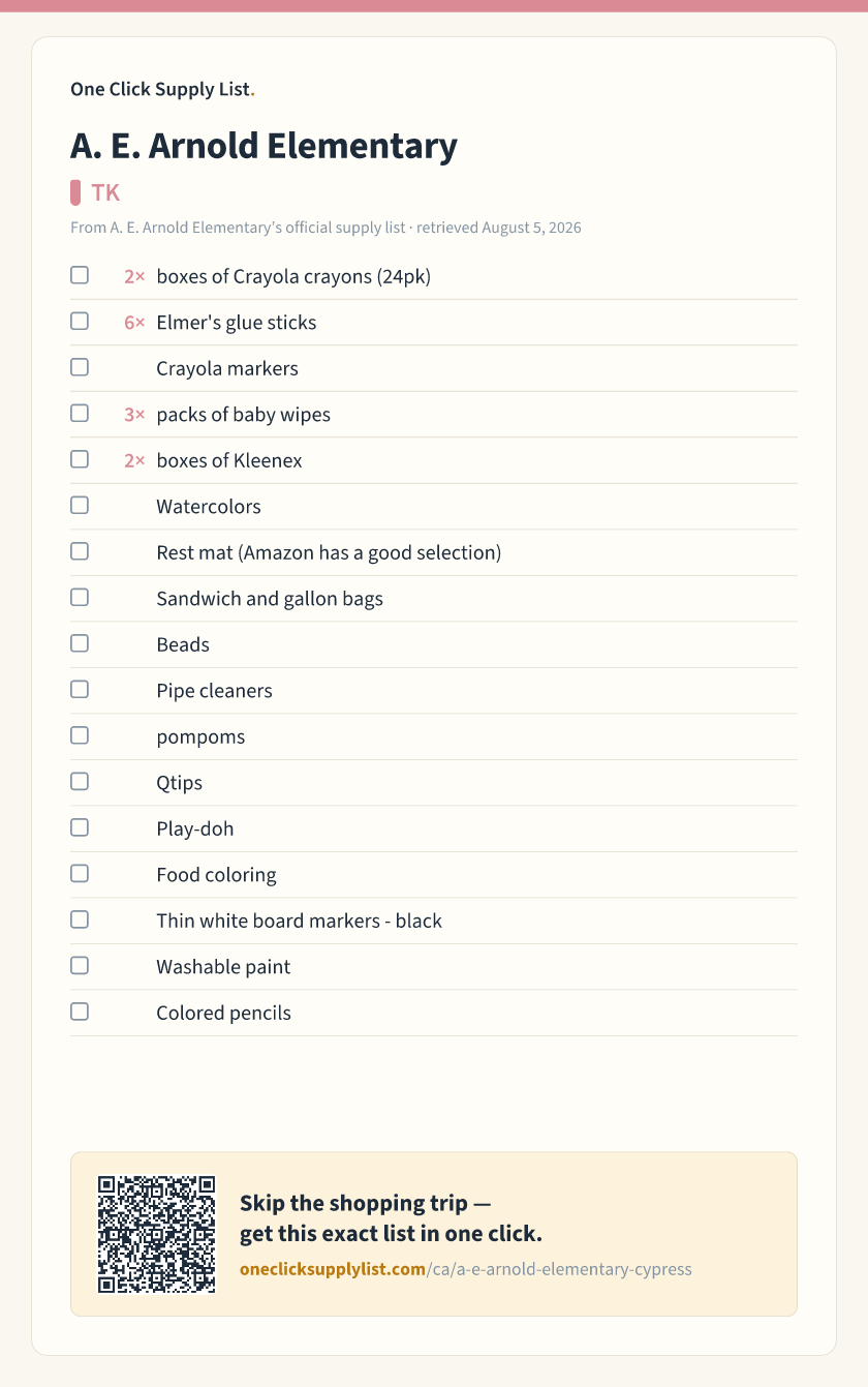 A. E. Arnold Elementary TK supply list — printable image