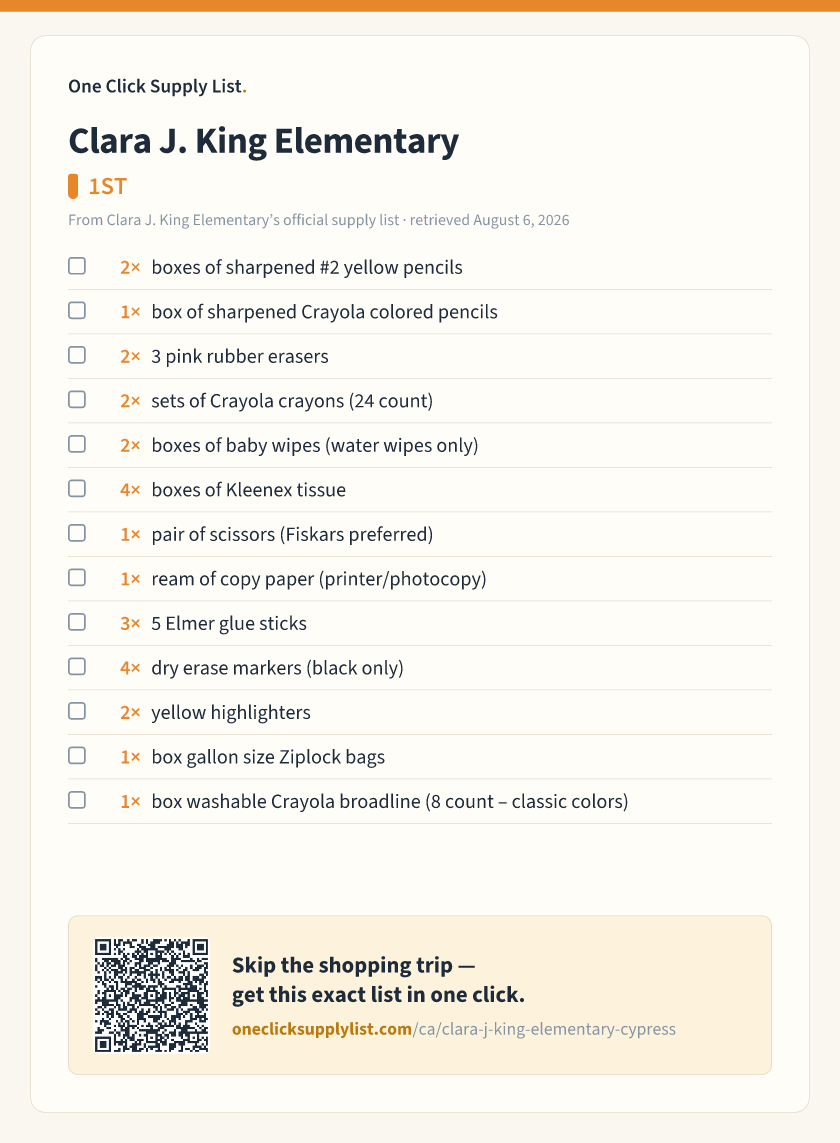 Clara J. King Elementary 1ST supply list — printable image