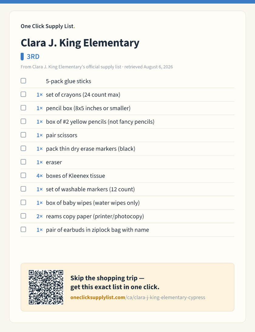 Clara J. King Elementary 3RD supply list — printable image