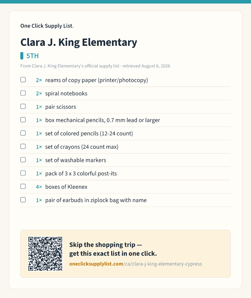 Clara J. King Elementary 5TH supply list — printable image
