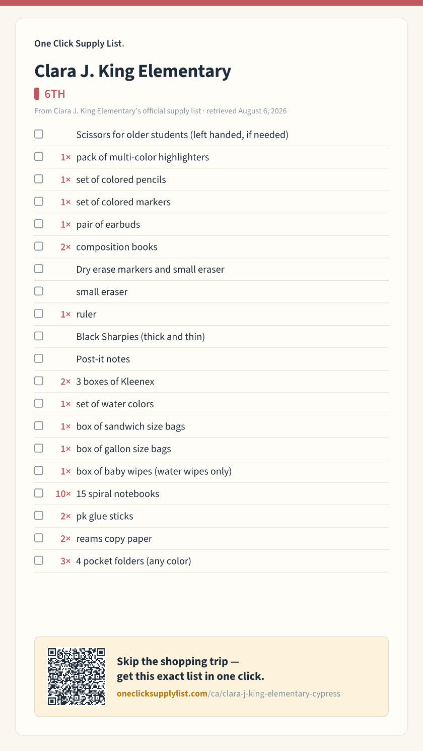 Clara J. King Elementary 6TH supply list — printable image