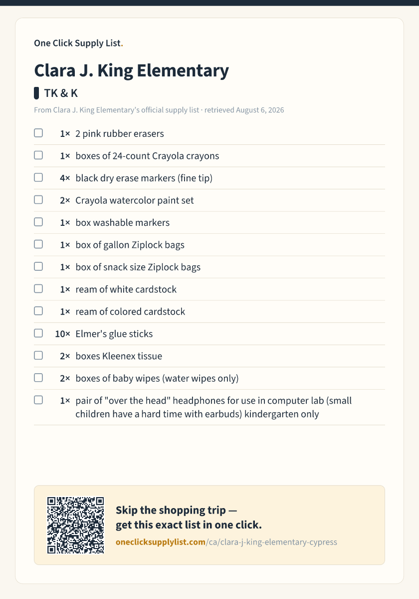 Clara J. King Elementary TK & K supply list — printable image
