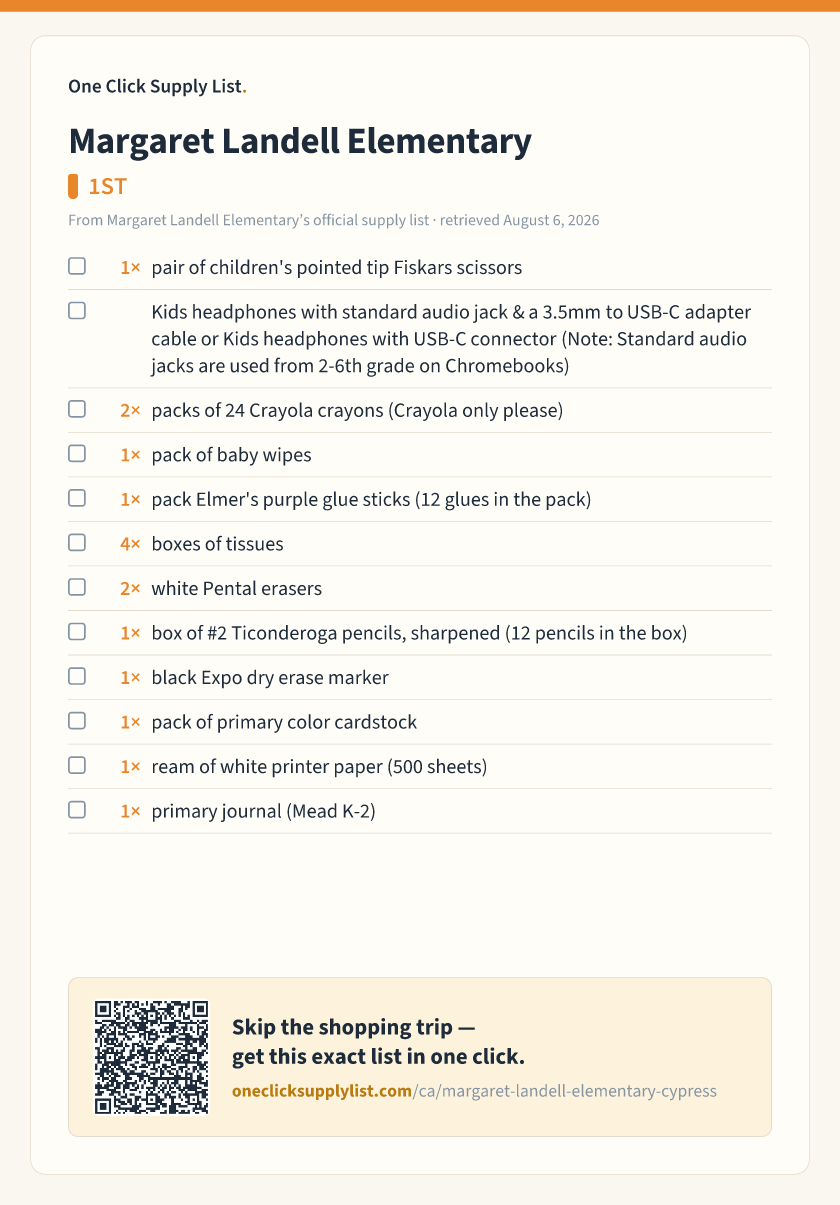 Margaret Landell Elementary 1ST supply list — printable image