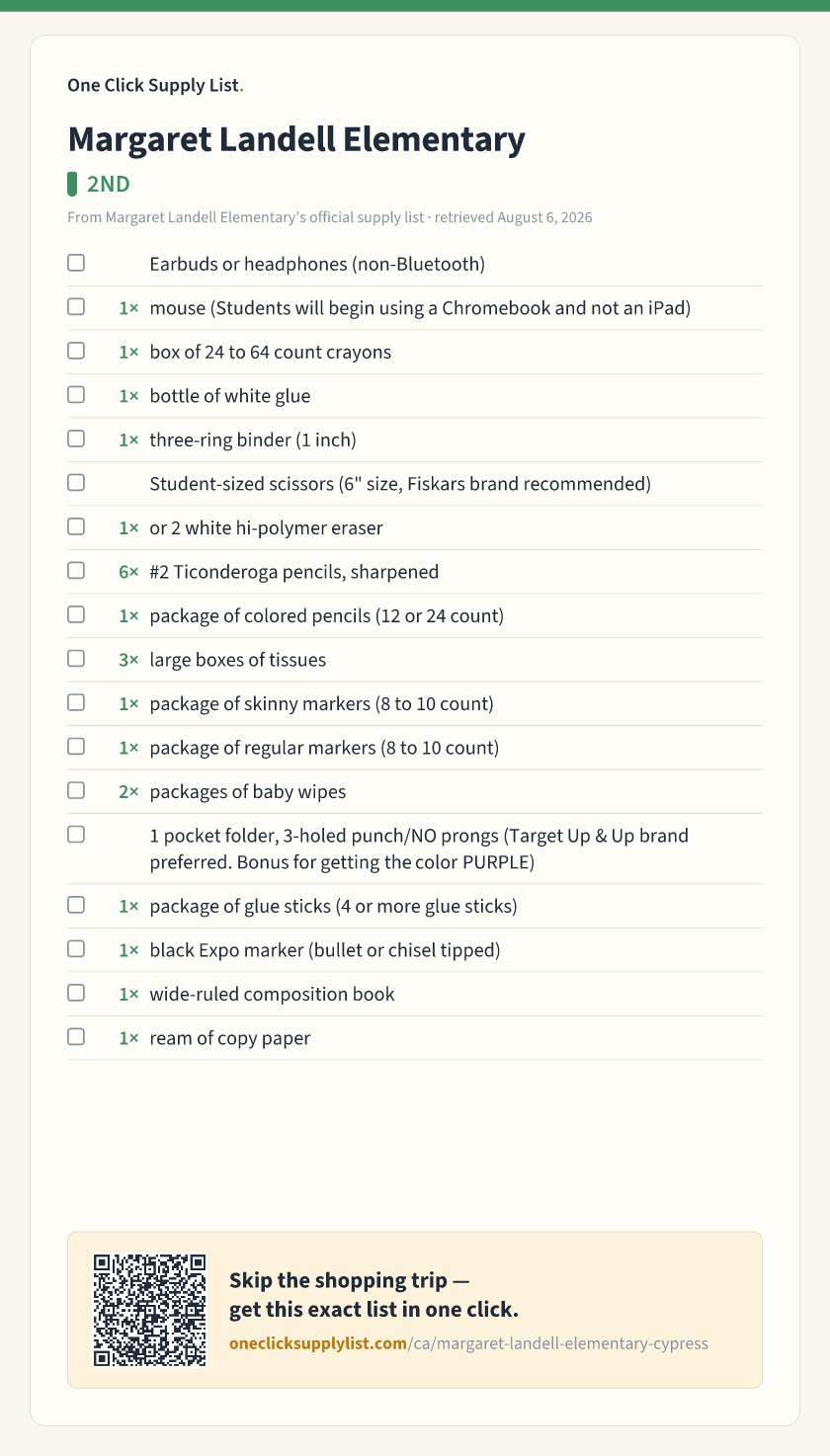 Margaret Landell Elementary 2ND supply list — printable image