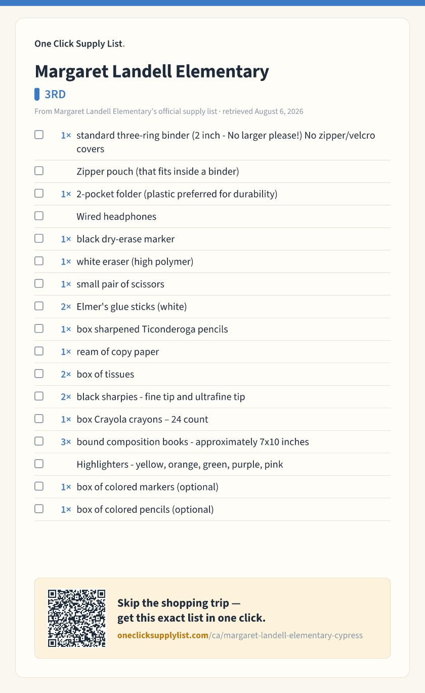 Margaret Landell Elementary 3RD supply list — printable image